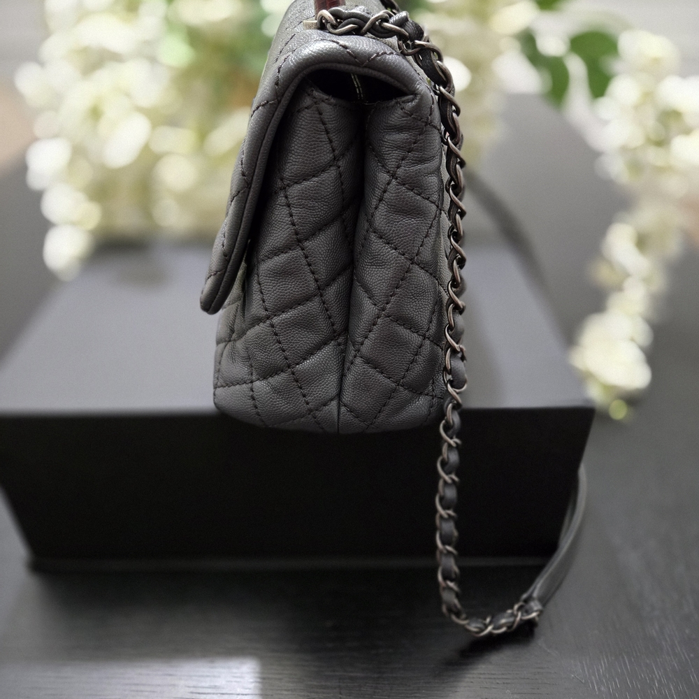 Chanel Coco Caviar Leather Quilted With Lizard Handle Gray Shoulder Bag Medium - Picture 4 of 12